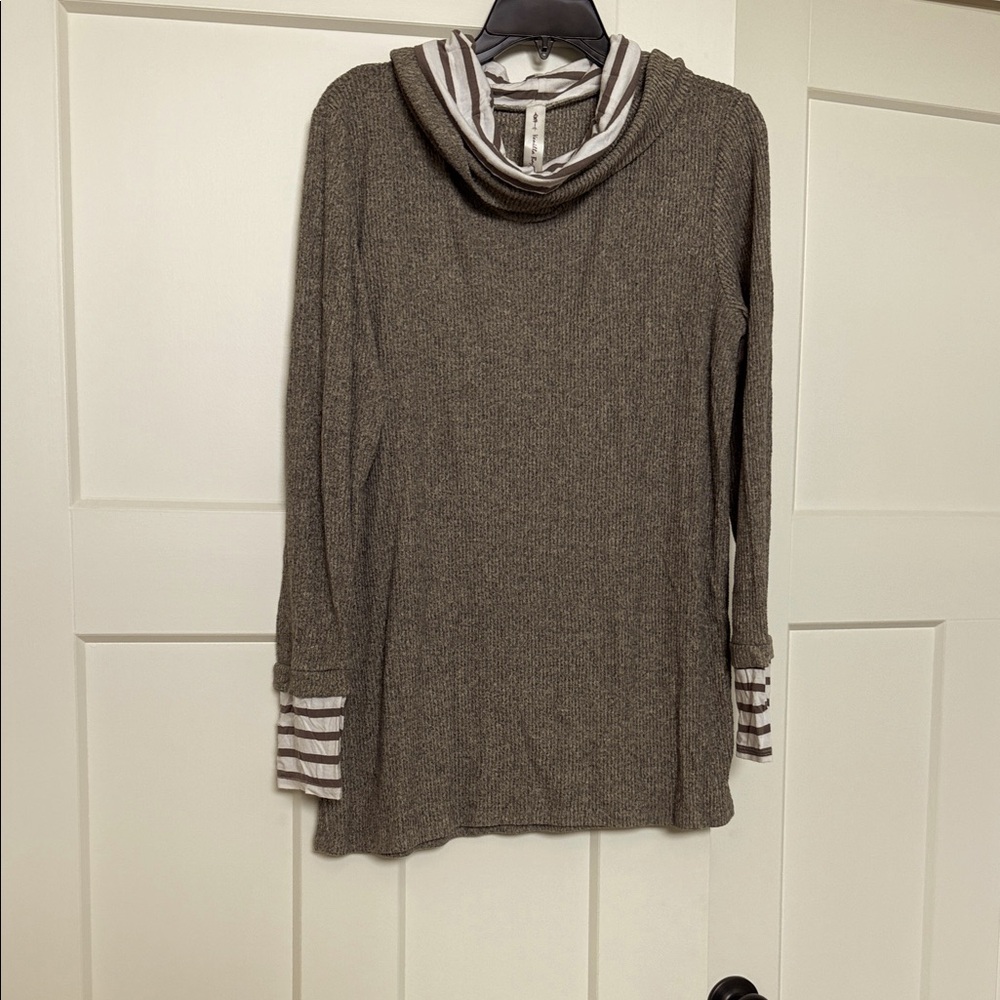 Vanilla Bay Brown Cowl Neck Tunic with Striped Accents